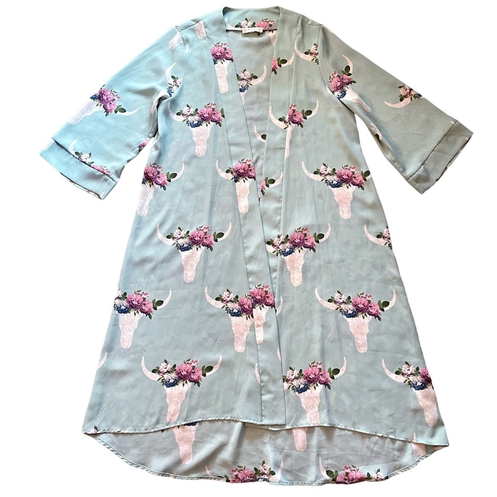 Altard State Mint Green Cow Skull Duster Size Small Robe Kimono Ruana Coverup